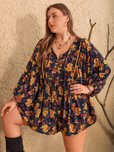 Plus Size Floral Tie Neck Balloon Sleeve Romper Trendsi OMDEL.COM