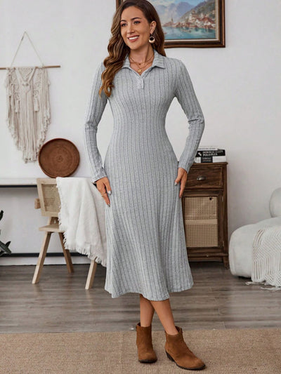 Collared Neck Long Sleeve Midi Dress Trendsi OMDEL.COM