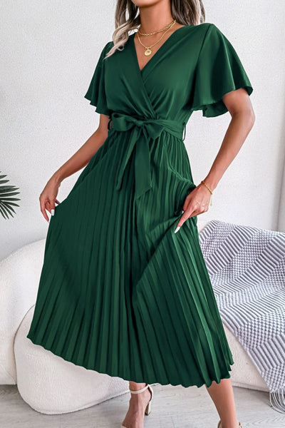 Pleated Flutter Sleeve Belted Dress Trendsi OMDEL.COM