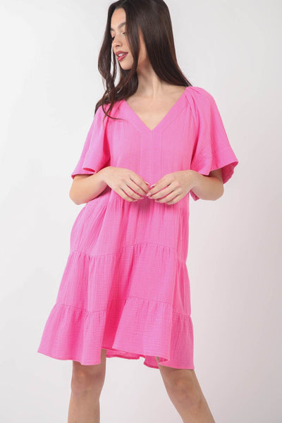 VERY J Texture V-Neck Ruffled Tiered Dress Trendsi OMDEL.COM