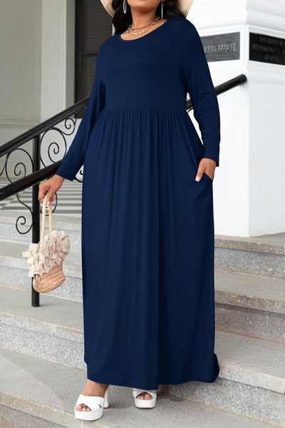 Plus Size Round Neck Long Sleeve Maxi Dress with Pockets Trendsi OMDEL.COM