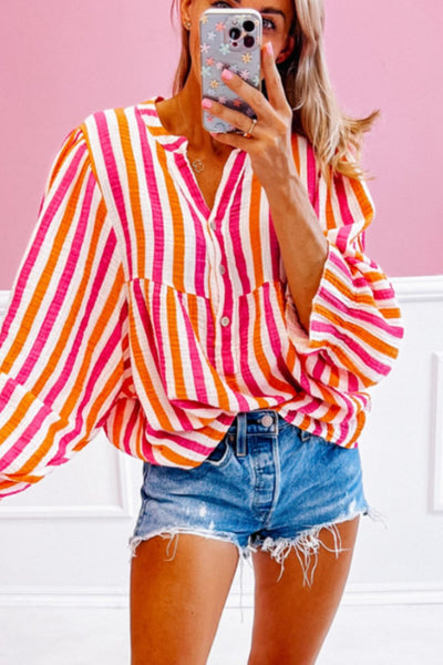 Striped Notched Flounce Sleeve Blouse Trendsi OMDEL.COM