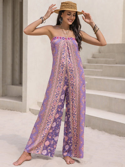 Tied Printed Tube Wide Leg Jumpsuit - OMDEL.COM