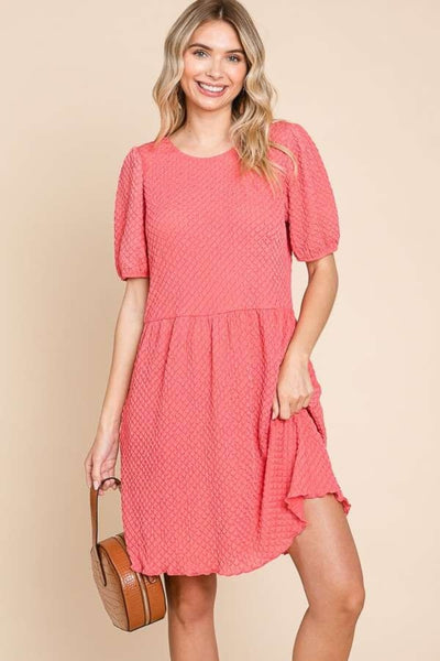 Culture Code Full Size Textured Round Neck Puff Sleeve Dress Trendsi OMDEL.COM