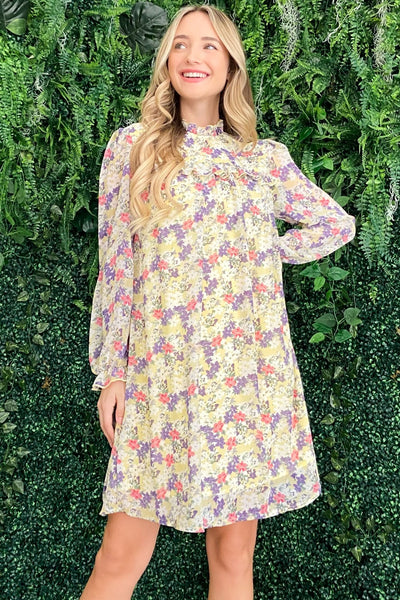 And The Why Floral Mock Neck Flounce Sleeve Dress Trendsi OMDEL.COM