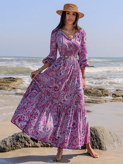 Printed Tie Neck Balloon Sleeve Maxi Dress Trendsi OMDEL.COM