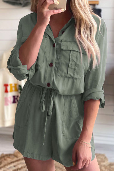 Collared Neck Drawstring Roll-Tab Sleeve Romper - OMDEL.COM