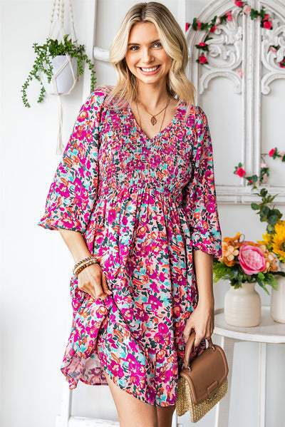 Floral Smocked V-Neck Flounce Sleeve Dress Trendsi OMDEL.COM