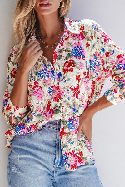 Floral Collared Neck Long Sleeve Shirt Trendsi OMDEL.COM