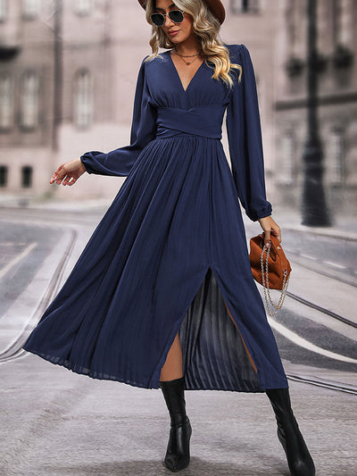 Perfee V-Neck Long Sleeve Pleated Slit Dress Trendsi OMDEL.COM