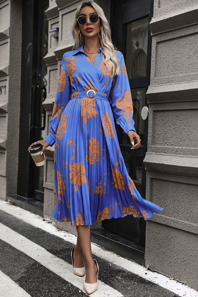 Perfee Floral Pleated Surplice Long Sleeve Midi Dress Trendsi OMDEL.COM