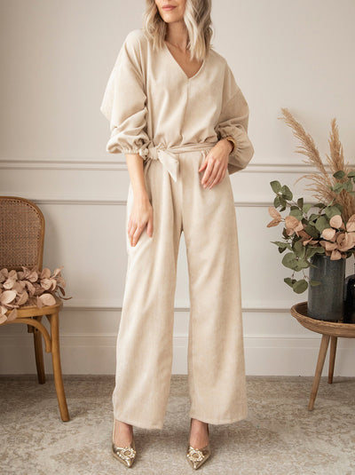 V-Neck Tie Waist Wide Leg Jumpsuit Trendsi OMDEL.COM