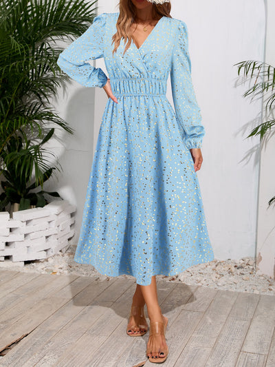 Printed Surplice Long Sleeve Midi Dress Trendsi OMDEL.COM