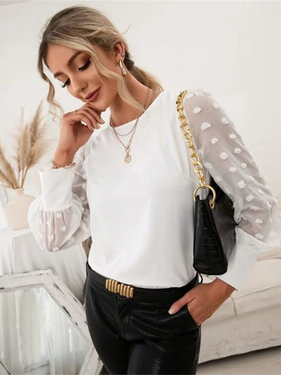 Swiss Dot Round Neck Long Sleeve Blouse Trendsi OMDEL.COM