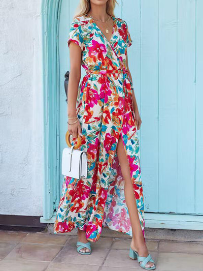 Tied Slit Floral Short Sleeve Dress Trendsi OMDEL.COM