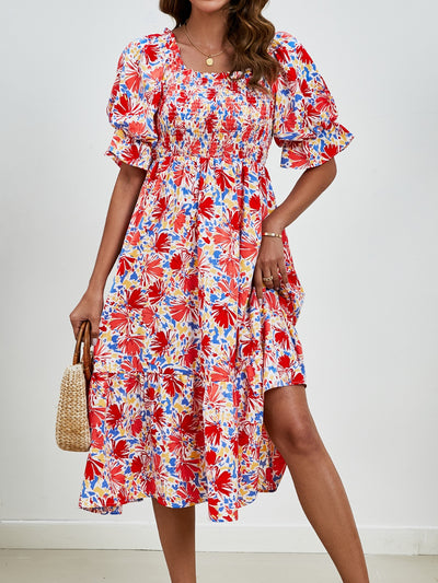 Smocked Floral Square Neck Short Sleeve Dress Trendsi OMDEL.COM