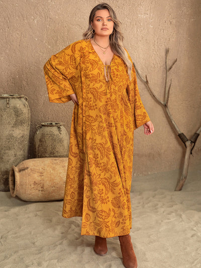 Plus Size Printed Slit Long Sleeve Dress Trendsi OMDEL.COM