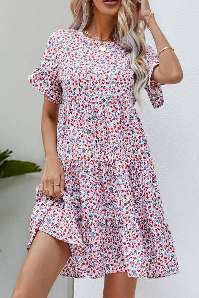 Ditsy Floral Flounce Sleeve Tiered Dress Trendsi OMDEL.COM