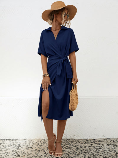 Tied Slit Short Sleeve Dress Trendsi OMDEL.COM