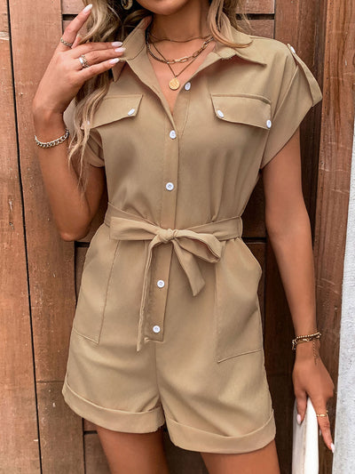 Perfee Collared Neck Tie Waist Romper with Pockets - OMDEL.COM