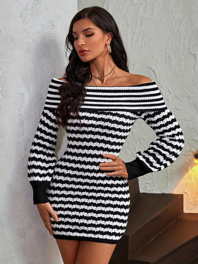 Striped Off-Shoulder Sweater Dress Trendsi OMDEL.COM