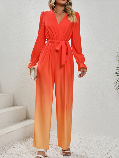 Honey Gradient Tie Front Flounce Sleeve Jumpsuit Trendsi OMDEL.COM