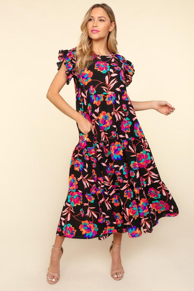 Haptics Ruffled Printed Round Neck Cap Sleeve Dress Trendsi OMDEL.COM