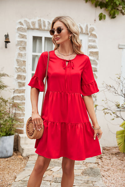 Ruffle Trim Tie Neck Flounce Sleeve Tiered Dress Trendsi OMDEL.COM