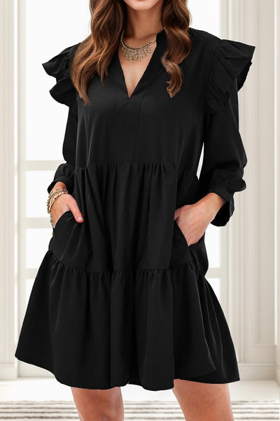 Ruffled V-Neck Long Sleeve Mini Dress Trendsi OMDEL.COM