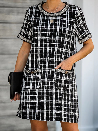 MeiMei Pocketed Plaid Round Neck Short Sleeve Dress Trendsi OMDEL.COM