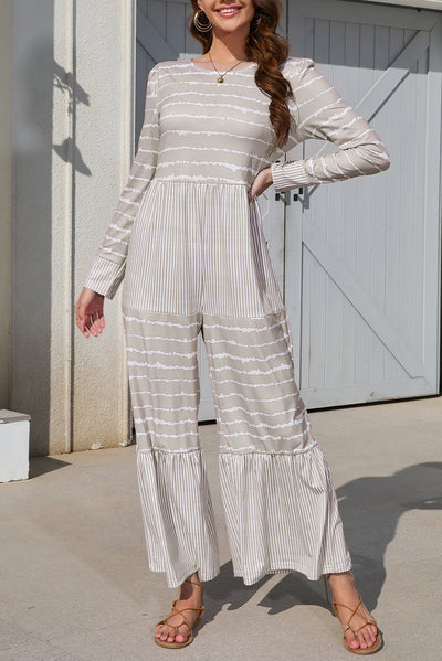 Striped Round Neck Long Sleeve Jumpsuit - OMDEL.COM