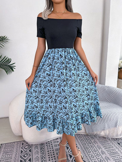 Printed Off-Shoulder Ruffle Hem Dress Trendsi OMDEL.COM