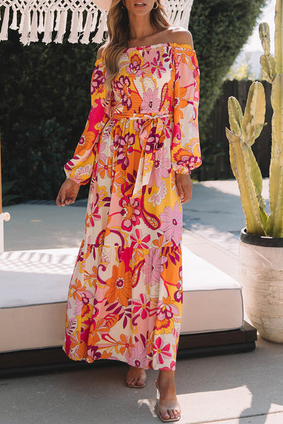 Printed Off-Shoulder Balloon Sleeve Maxi Dress Trendsi OMDEL.COM