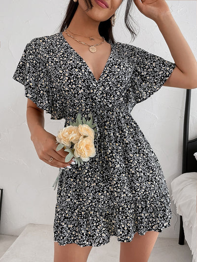 Cutout Ditsy Floral Surplice Flounce Sleeve Dress Trendsi OMDEL.COM