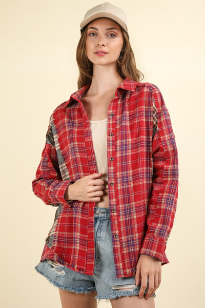 VERY J Contrast Plaid Raw Detail Shirt Trendsi OMDEL.COM