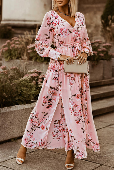 Floral Tie Belt Bishop Sleeve Slit Maxi Dress Trendsi OMDEL.COM