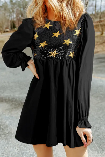 Sequin Star Round Neck Flounce Sleeve Mini Dress Trendsi OMDEL.COM