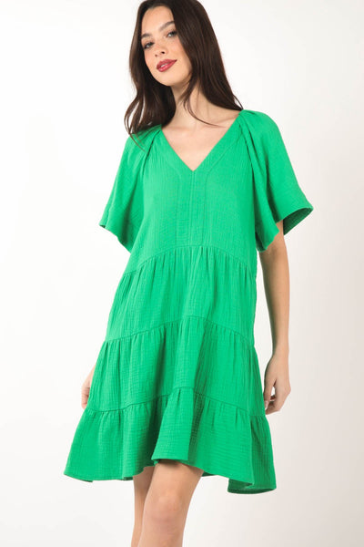 VERY J Texture V-Neck Ruffled Tiered Dress Trendsi OMDEL.COM