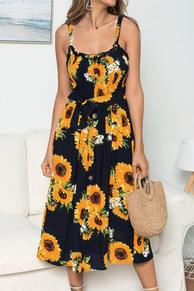 Smocked Sunflower Printed Sleeveless Cami Dress Trendsi OMDEL.COM