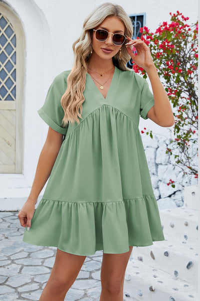 Ruched Tiered V-Neck Short Sleeve Mini Dress Trendsi OMDEL.COM