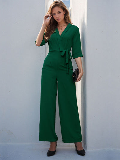 Perfee Surplice Half Sleeve Wide Leg Jumpsuit Trendsi OMDEL.COM