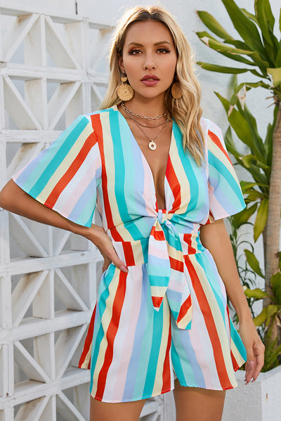 Striped Tie Front Romper - OMDEL.COM