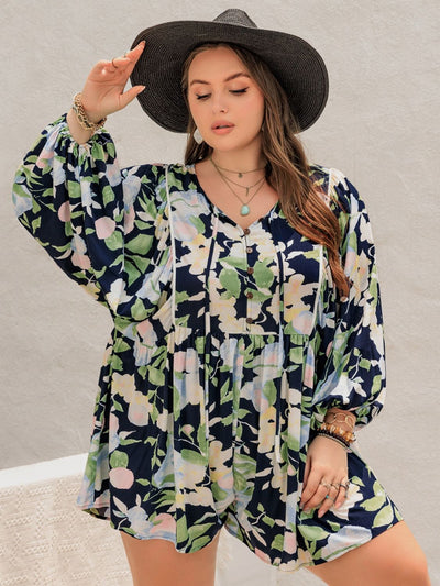 Plus Size Tied Printed Long Sleeve Romper - OMDEL.COM