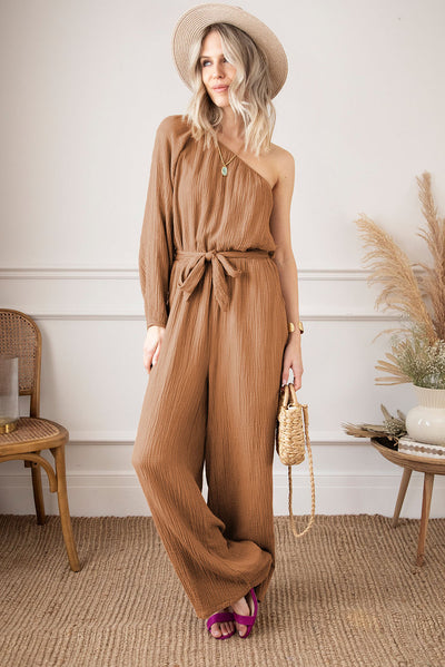 Texture Single Shoulder Tie-Waist Jumpsuit Trendsi OMDEL.COM