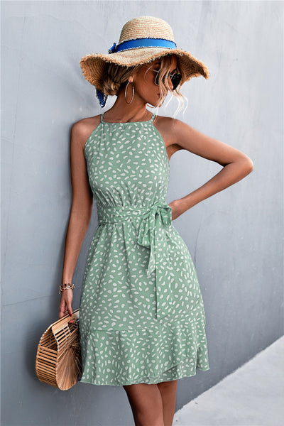 Printed Tie Waist Ruffle Hem Sleeveless Dress Trendsi OMDEL.COM