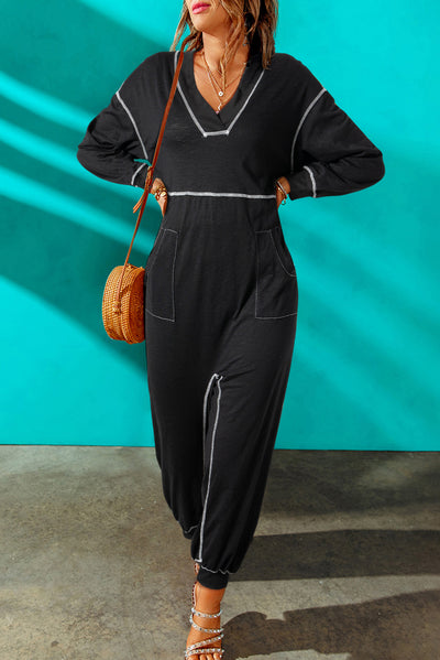 Contrast Stitching Pocketed Dropped Shoulder Jumpsuit Trendsi OMDEL.COM