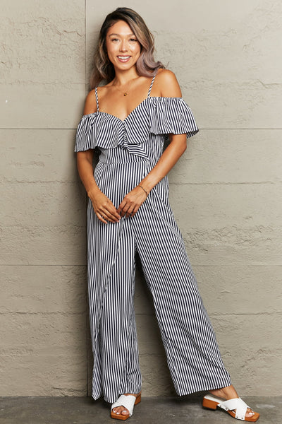 Perfee Striped Spaghetti Strap Cold-Shoulder Jumpsuit Trendsi OMDEL.COM