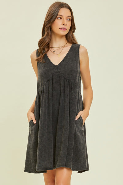 HEYSON Full Size Texture V-Neck Sleeveless Flare Mini Dress Trendsi OMDEL.COM